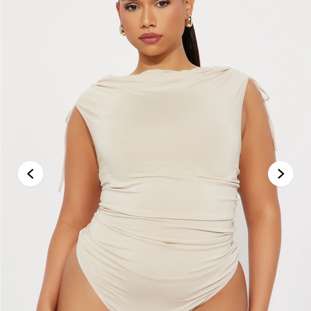 Fashion Nova “Adelyn” Tie Shoulder Bodysuit, beige